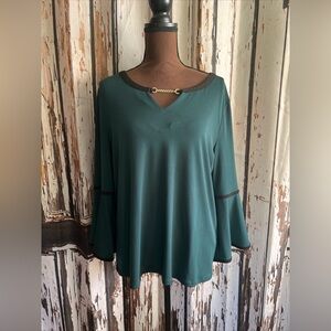 Calvin Klein large dark green blouse trim in black bell sleeve blouse